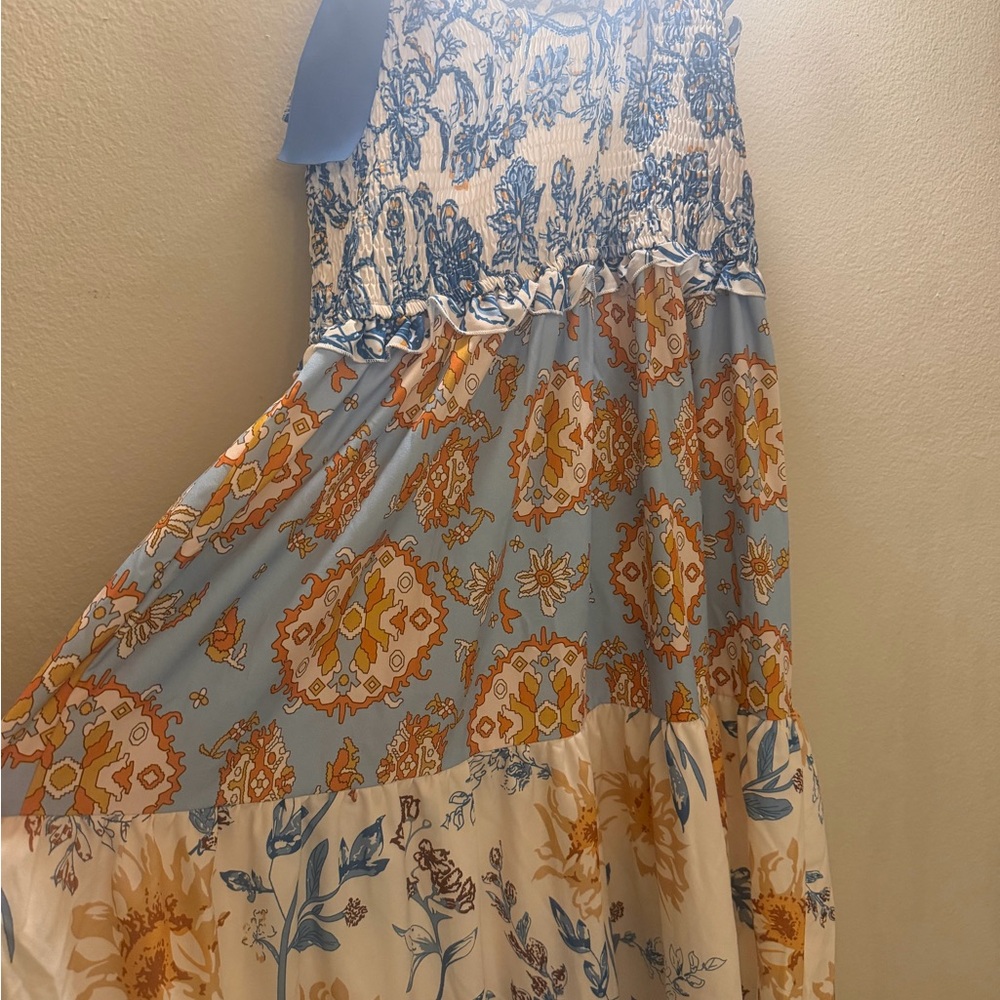 Boho Tiered Maxi Dress in Blue and Cream - Picture 2 of 3
